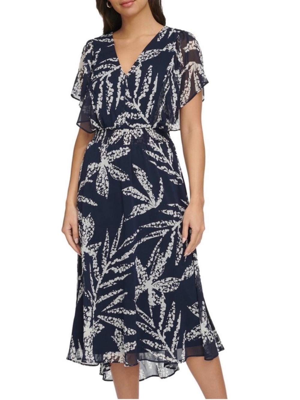 DKNY Flutter Sleeve Midi Dress Surplice Top Chiffon Navy Blue White Size 4